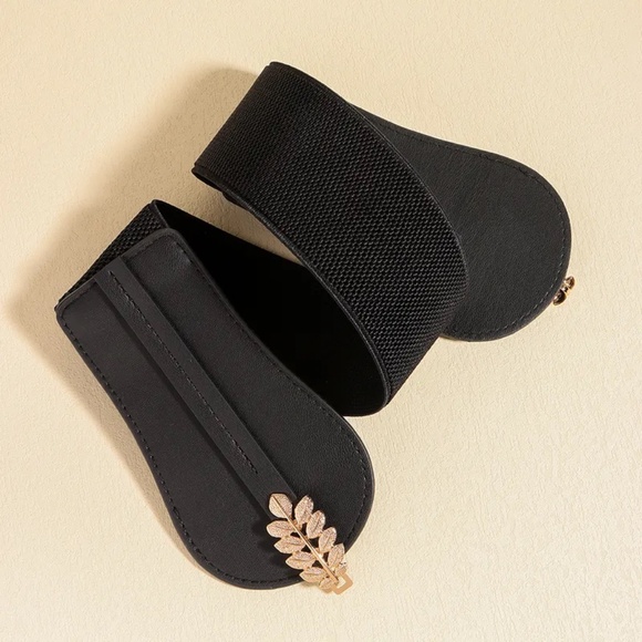 2/$30 Elastic Stretch Black Belt Pu Leather Gold Leaf Buckle For Dress Coats - Picture 8 of 8